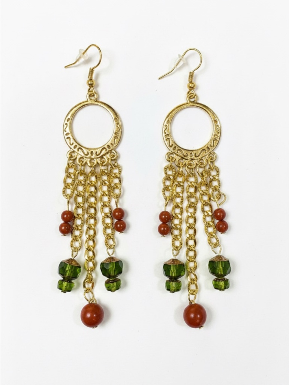 Gold-Tone Green and Brown Beaded Fringe Earrings